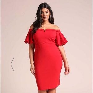 PLUS SIZE OFF SHOULDER PLUFF SLEEVE BODYCON DRESS